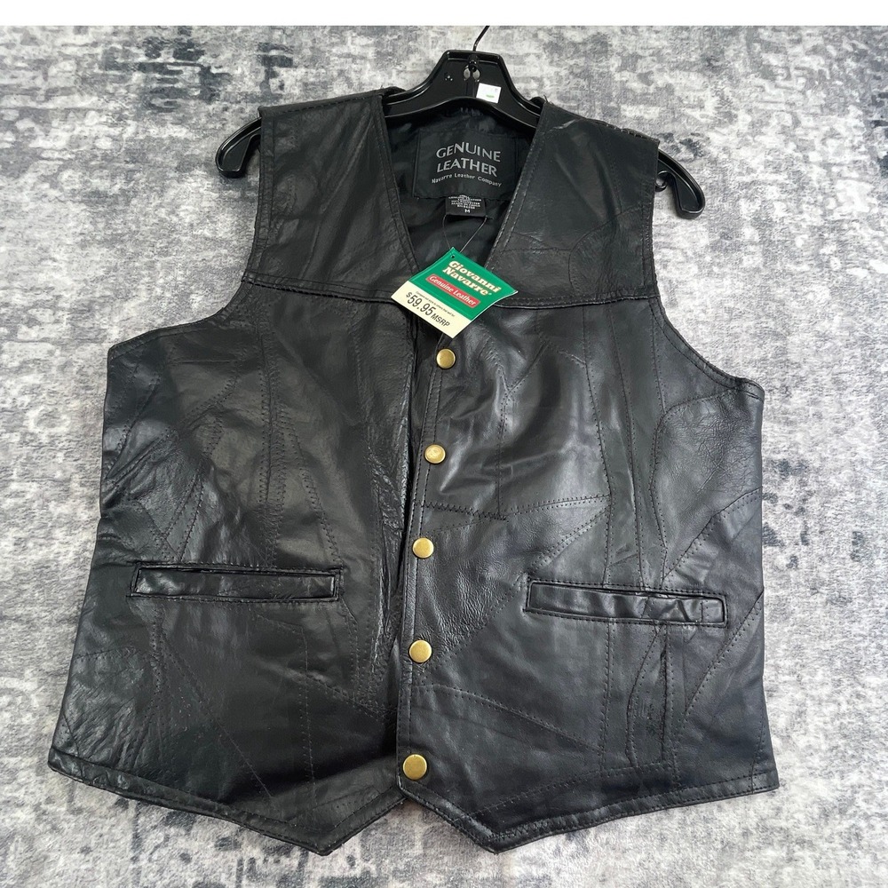 Giovanni Navarre Mens Medium Leather Vest Solid Black Biker Motorcycle Goth